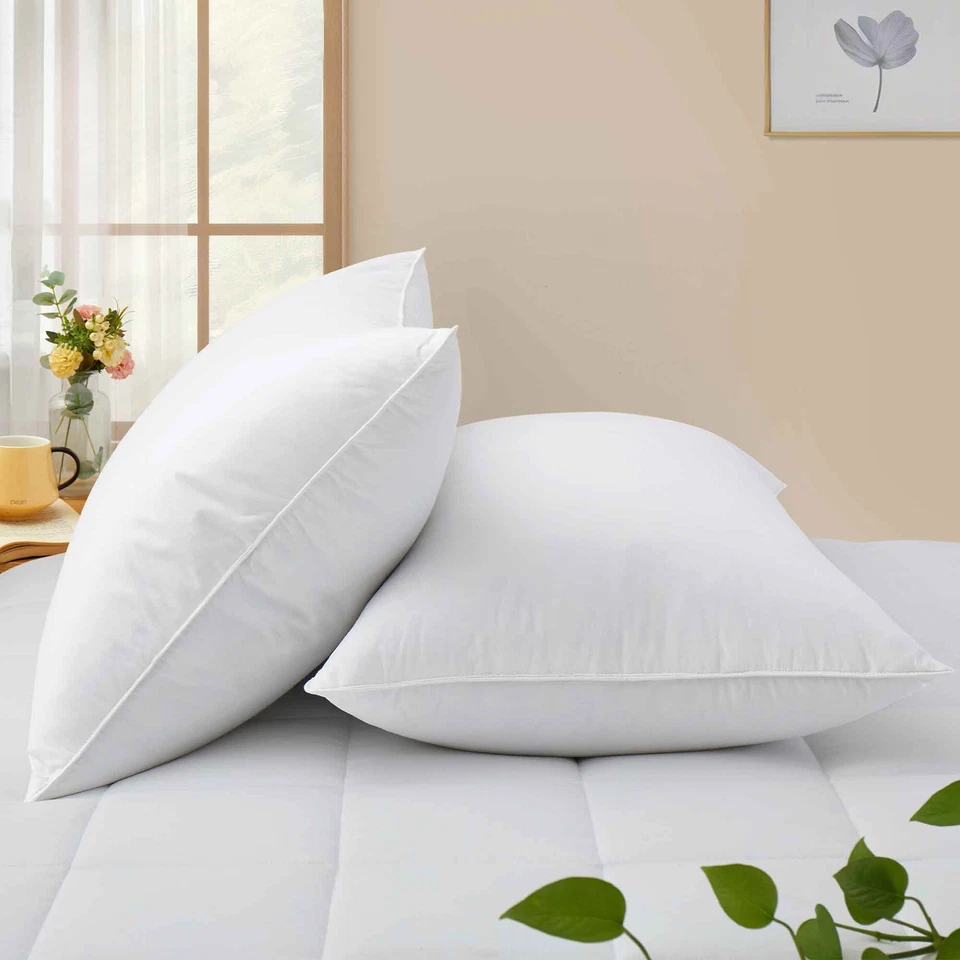 Paquete de 2 almohadas de plumas blancas suaves a medianas para cama, funda 100 % algodón Foto 2 de 4
