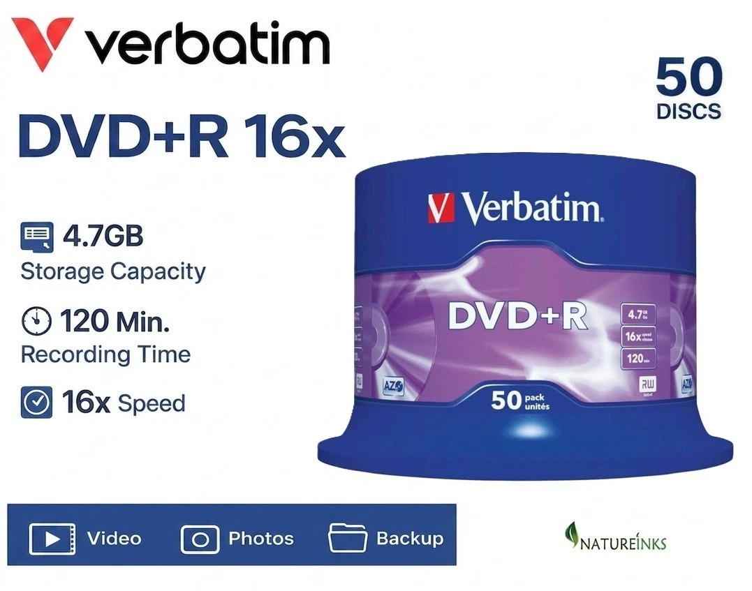50 Genuine Verbatim 43550 DVD+R DVD Blank Recordable Discs 120 Mins 4.7GB 16x