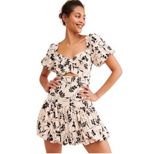 ASTR The Label Siyah Mini Dress Size S Cream Black Floral Cutout Puff Sleeve