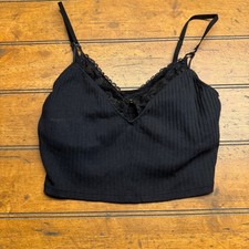 Aerie Black Lace Trim Ribbed Crop Cami Tank Top Women