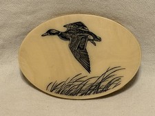 Vintage Scrimshaw Belt Buckle Flying Mallard Duck Brass Hook