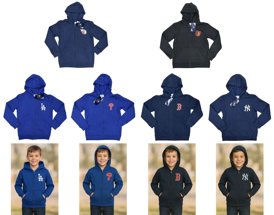 MLB Baseball Youth Boys Full Zip Hoodie Sweatshirt w/Pockets NWT Pick Size/Team