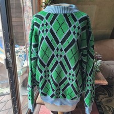 80s Argyle Sweater Adult M AOP Dad Grandpa Golf Blue Green Acrylic Mod Preppy