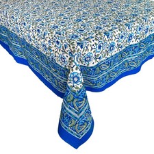 India Arts Hand Block Print Tablecloth 60x90 Rectangle, 100 Cotton Blue and Whi
