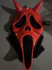Red/Black Devil Horned Ghost Face Style Mask w/ Hood Cloth, Plastic, Adjustable
