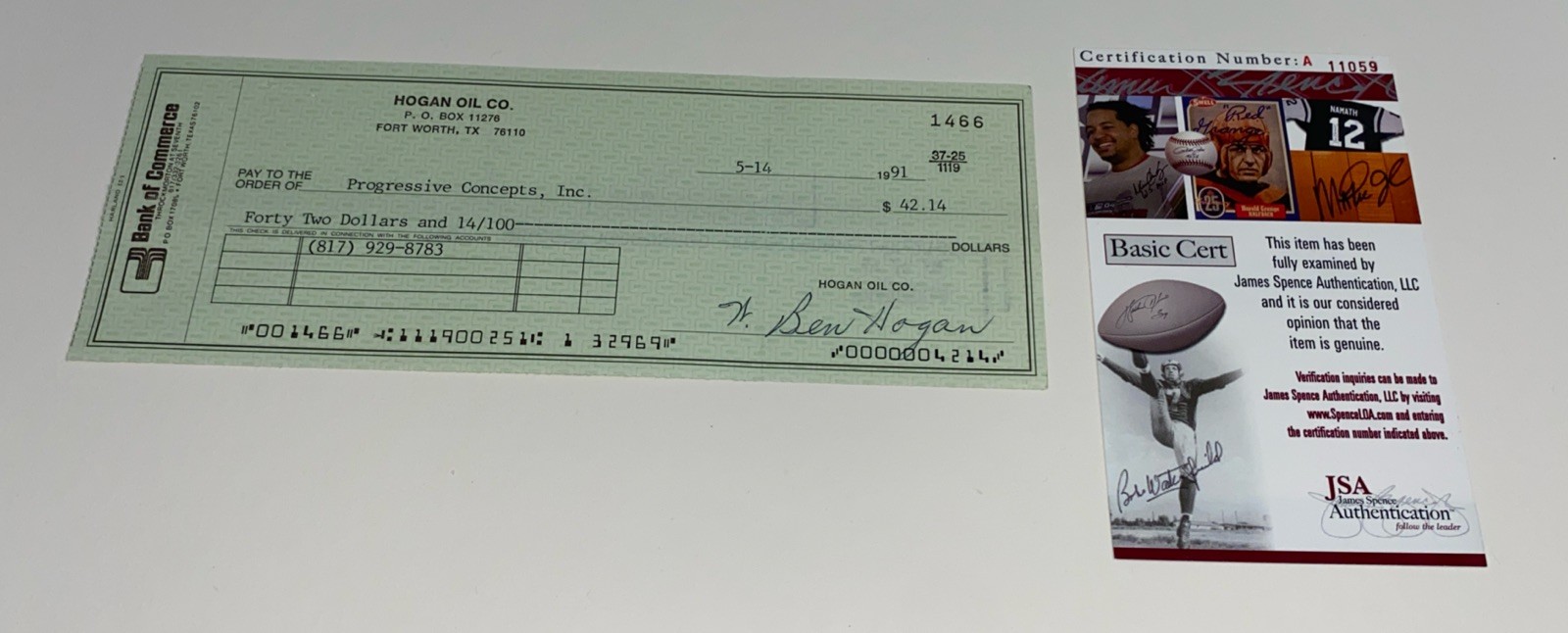 Ben Hogan Autographed Signed 1991 Professional PGA Golf Champion Bank Check JSA 