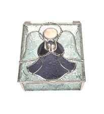 Clear & Purple Praying Angel Stained Glass Trinket Box Mirror Bottom