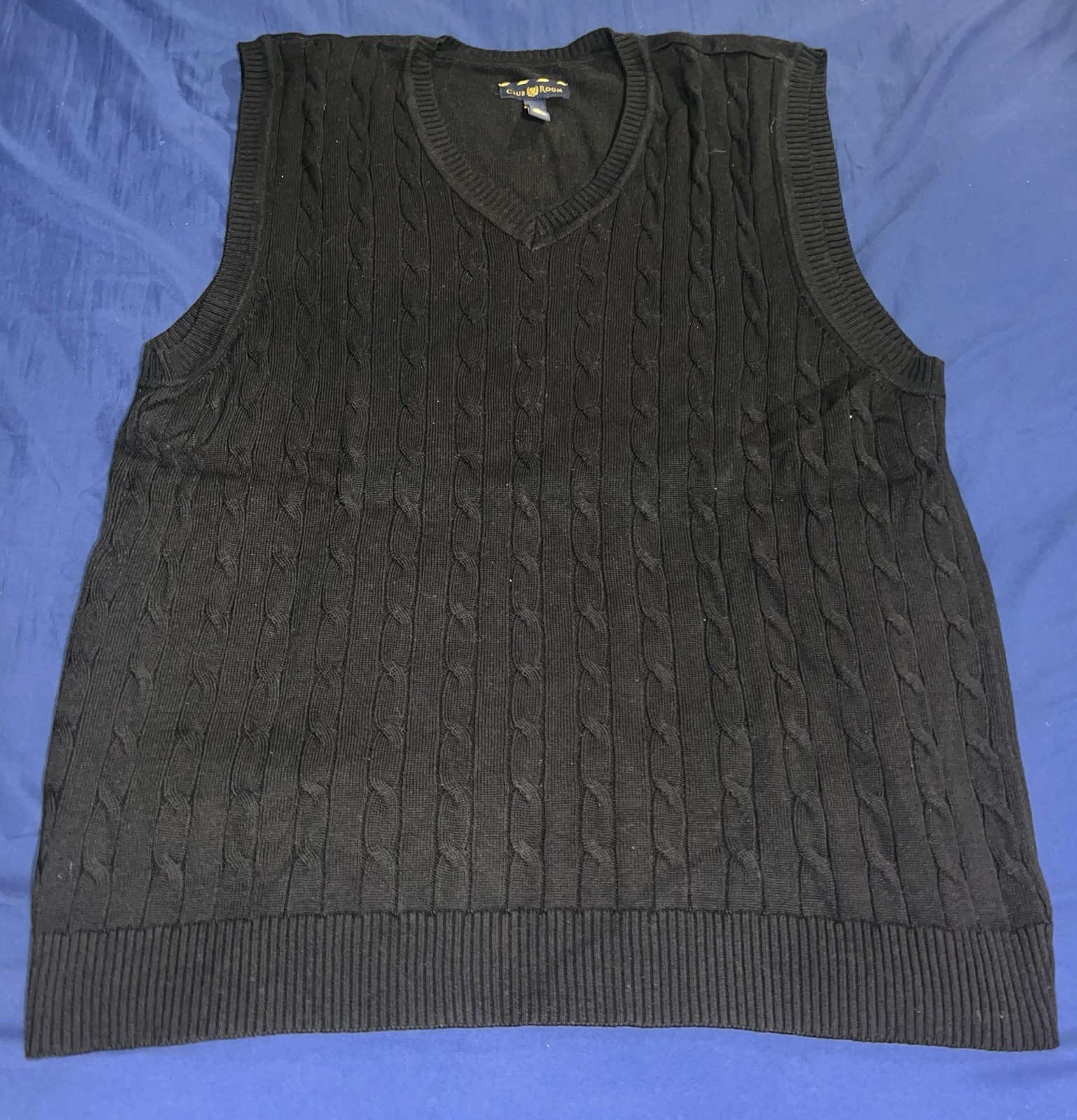 Club Room Men's Sweater Vest Large L Black 100% Cotton V-Neck Cable Knit Preppy