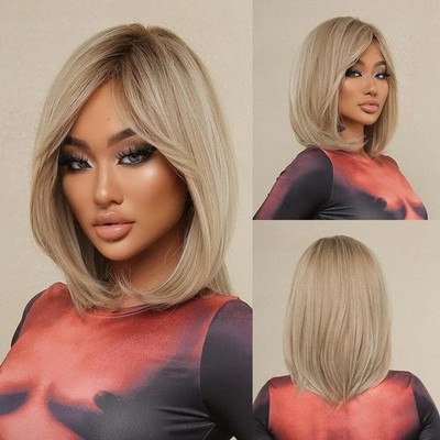Short Straight Bob Wigs For Black Women Blonde Wigs With Bangs Dark Roots Hair R