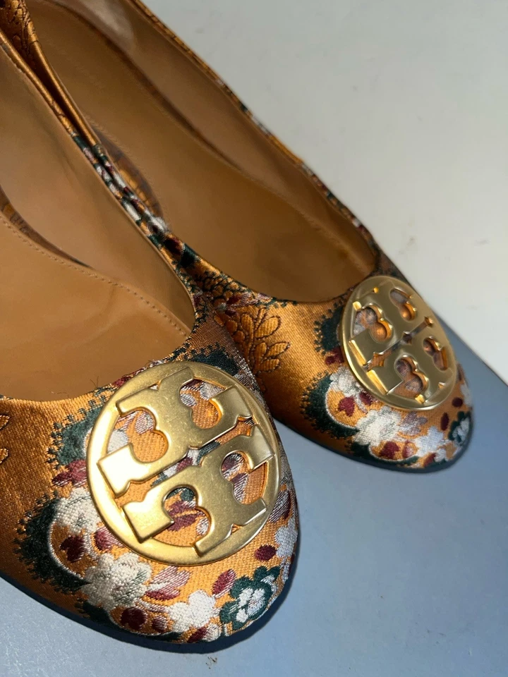 $268 Tory Burch CHELSEA Ballet Pisos Satinado Dorado Logo Puesta de Sol Brocado Jacquard 11 Foto 2 de 4
