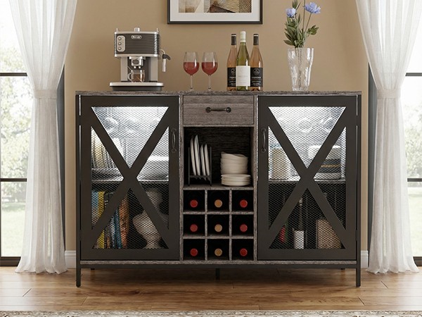 Wooden Wine Cabinet, Vintage Wood Bar Storage Cabinet+Drawer Wine Bottle Display