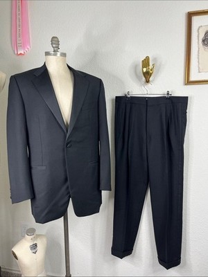 Corneliani Black Pure Wool Smoking Tuxedo Satin Lapel Pant Stripe 2 Pc Suit