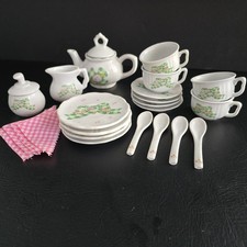 Child's Miniature Tea Set Green Gingham Pink Roses Set of Four Cups Saucers
