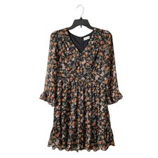 Altar'd State Dress Women's Size M Black Floral V-Neck Long Sleeve Fit Flare Zip