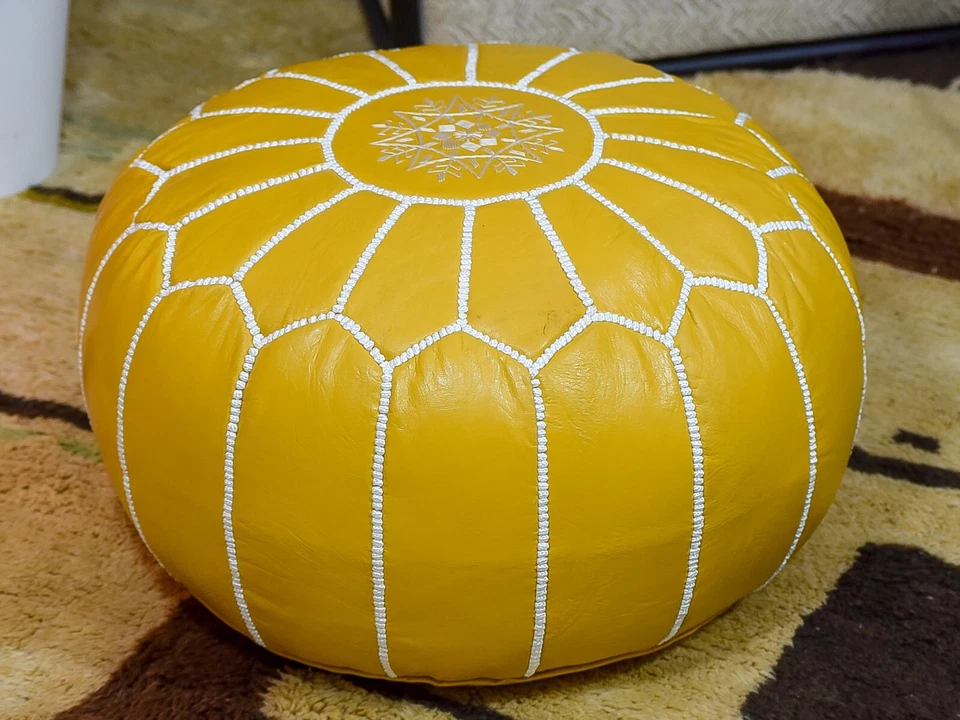 Yellow Moroccan Leather Pouf – Handmade Ottoman – Premium Genuine Leather - Image 4 of 4