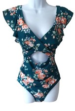 Floral One-Piece Swimsuit Ruffle Sleeves  Cutout Design Size M Green  Orange