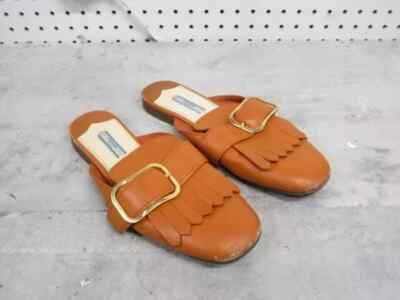 Prada Women's Loafer Leather Fringe Buckle Flat Mule Shoes Size 38
