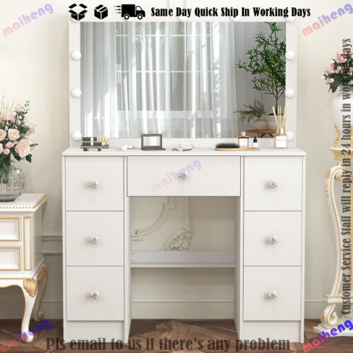 Large LED Lighted Mirror Makeup Dressing Desk Vanity Table with 7 Drawers White - Picture 2 of 12