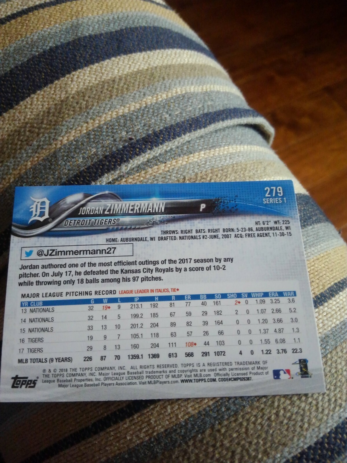 JORDAN ZIMMERMANN 2018 TOPPS #279 FREE SHIPPING