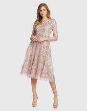 MAC DUGGAL LONG SLEEVE FLORAL EMBROIDERED TEA LENGTH DRESS IN ROSE SIZE 2