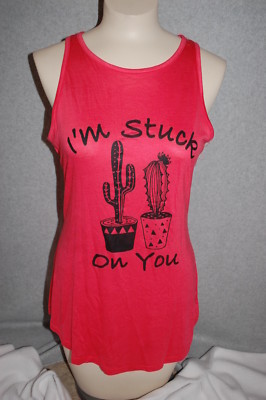 Junior Womens CORAL ORANGE TANK TOP Rue 21 CACTUS ''Im Stuck On You'' SIZE L