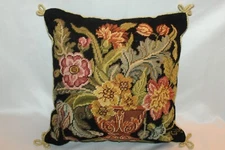 Hand Stitched Basket Floral Pink Black Sage Green Needlepoint Pillow 14" x 14"