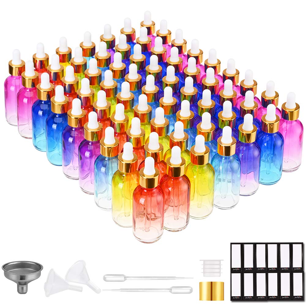 Eye Dropper Bottle 2 Oz (63 Pack Rainbow Glass Bottles 60Ml with Golden Caps, 2