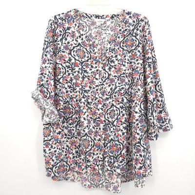 Panama Jack floral linen-blend button up top Size 3X roll tab sleeve navy red