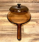 VTG. CORNING VISIONS -  10" AMBER WAFFLE BOTTOM FRYING PAN SKILLET & PYREX LID