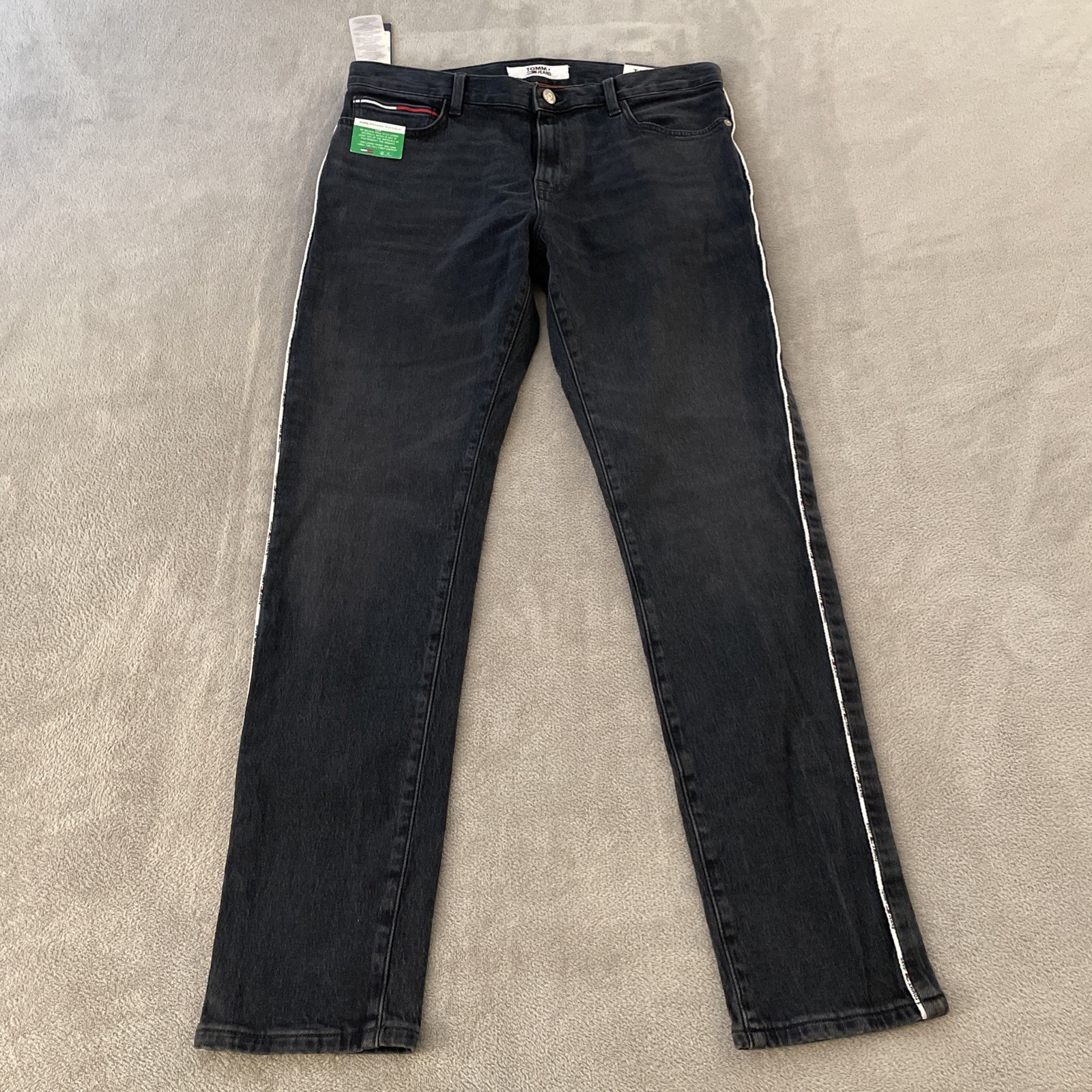 's 34x32 Slim Logo Stripe Black Stretch Delgado Nwt Hilfiger
