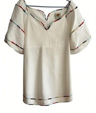Farm Rio White Linen Striped Contrast Piping Mini Dress Puff Sleeve M
