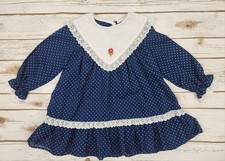 70s 80s Vintage Sears Navy Polka Dot Dress with Eyelet Lace Trim   Girls Size 4