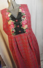 COTTAGECORE Hand Made Womens Jumper Pinafore Dress Red Tartan Plaid Roses XL