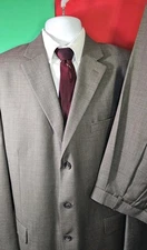 Stafford Mens 46R Taupe Wool 3-button Suit, Pleated Pants 42x30, +Vtg Baskin Tie