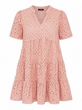 BTFBM Eyelet Babydoll Dress Pink Cotton Tiered Boho Cottagecore Women’s M