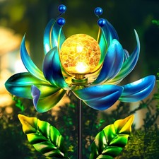 Solar Wind Spinner Outdoor Metal 38" Blue Lotus Flower, Flower 