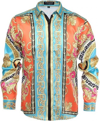 Men's European Baroque Pattern 3D Printed Shirt Long Sleeve Collar Hawaiian Casu