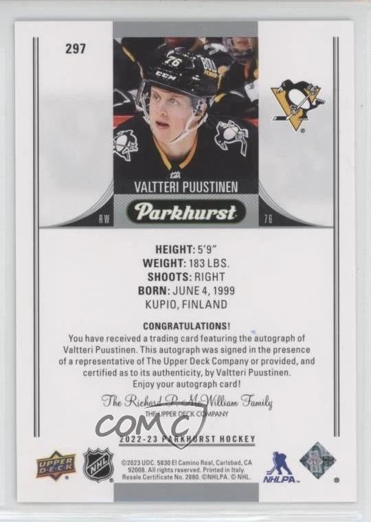 2022 Upper Deck Parkhurst Emerald Ice /10 Valtteri Puustinen #297 Rookie Auto RC - Image 2 of 2