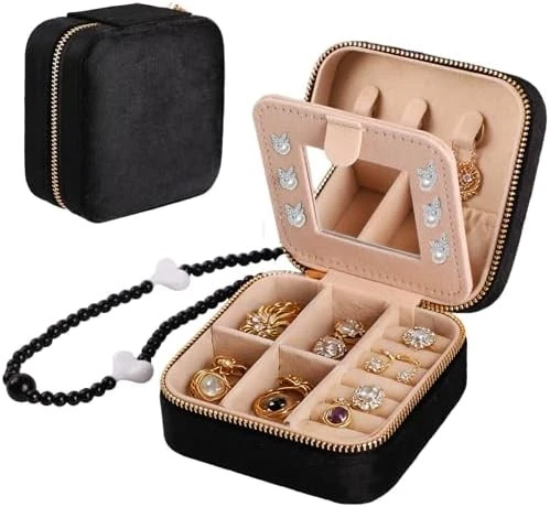 Boîte à Bijoux Daim Voyage Portable 10cm Bagues Colliers Montre Noir Vlando - Photo 1/4