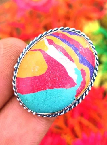 Rainbow Calsilica Ring Size 7 925 Sterling  Silver Plated Gemstone Jewelry Gift