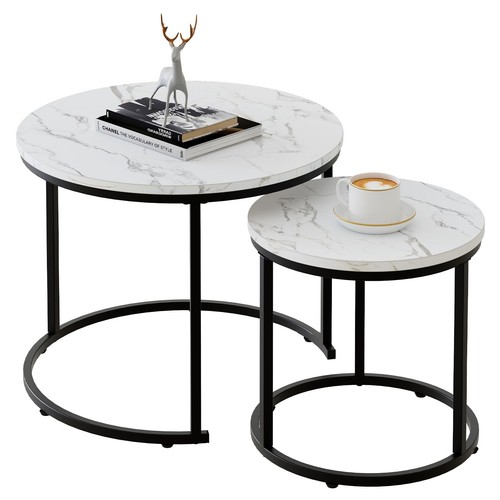 Round Nesting Coffee Table Side Table Set of 2 End Tables for Living Room Bed...