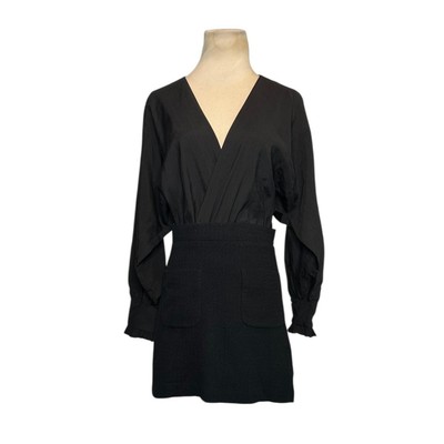 Zara Black Contrasting Tweed  V-Neck Long Sleeve Mini Dress Size S