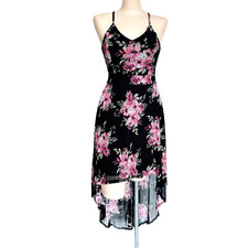 Womens 90's Halter Dress Size M Lacy Back Floral Dress Hi Low Sheer Skirt