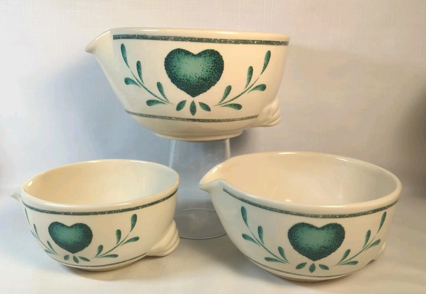 Vtg 3 Ceramic Mixing Bowls Pour Spout Green Heart 80s 90s Country Kitchen