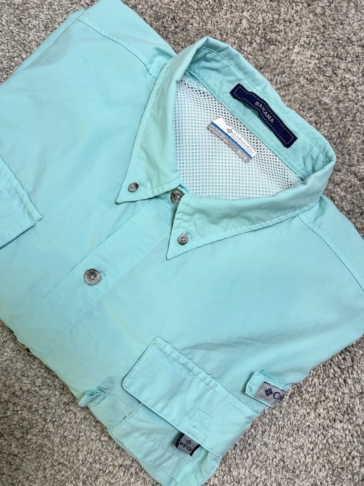Columbia PFG Bahama Omni Shade Men’s XL Blue Shirt Vented Mesh Fishing *Flaw*