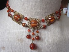 Antique Art Deco Brass Filigree Chatoyant Czech Glass Cabochon Bib Necklace