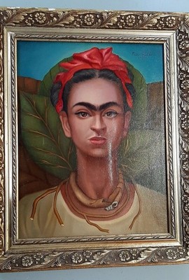 Attributed Frida Kahlo Portrait   Signed  Frida Kahlo 1945    With Gallery Label