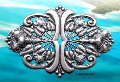 #3261 ANTIQUED .925 STERLING SILVER PLATED ART NOUVEAU BARRETTE COMPONENT - 1 Pc