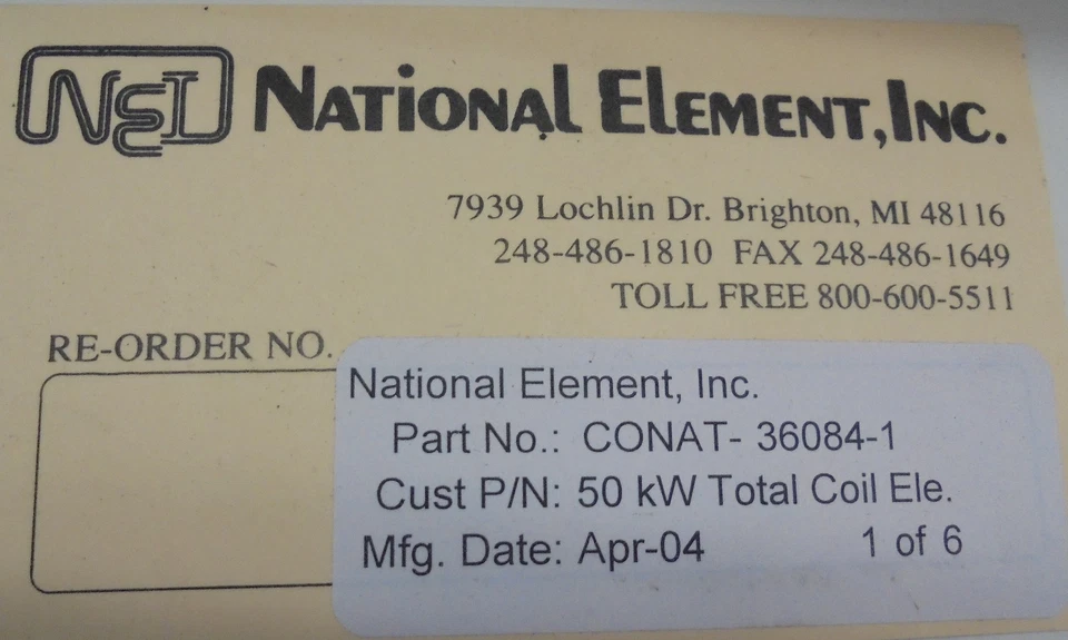 NATIONAL ELEMENT COIL ELEMENT CONAT-36084-1 50KW 480VOLT 3PHASE BOX OF 4 - Image 2 of 4