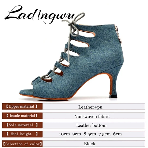 Women Denim Blue Latin Dance boots high heel Performance Ballroom Dance Shoes - Picture 4 of 29
